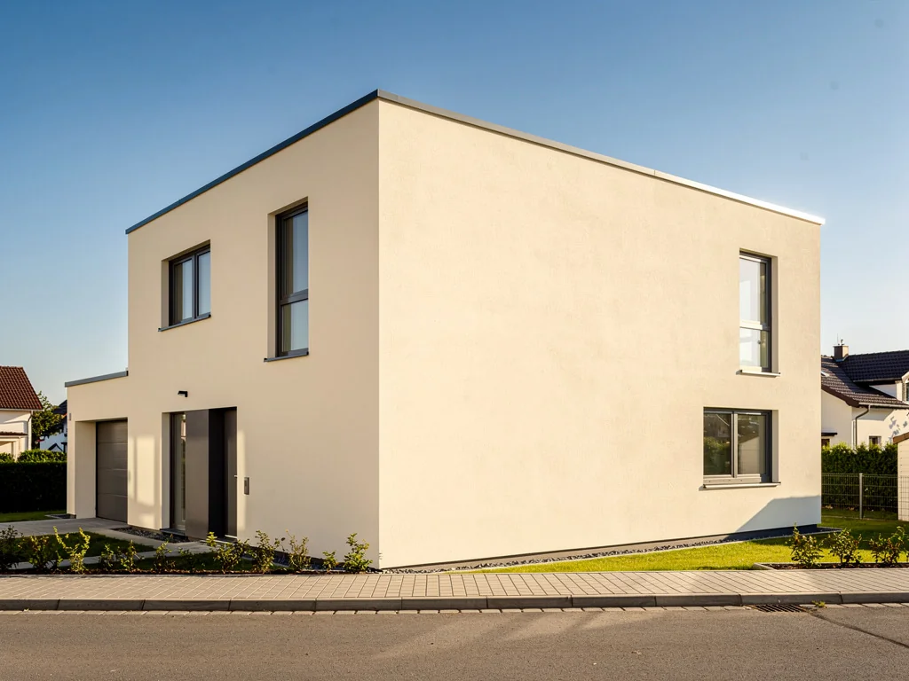 Maison dont la façade vient d'être isolée sous enduit clair par un artisan