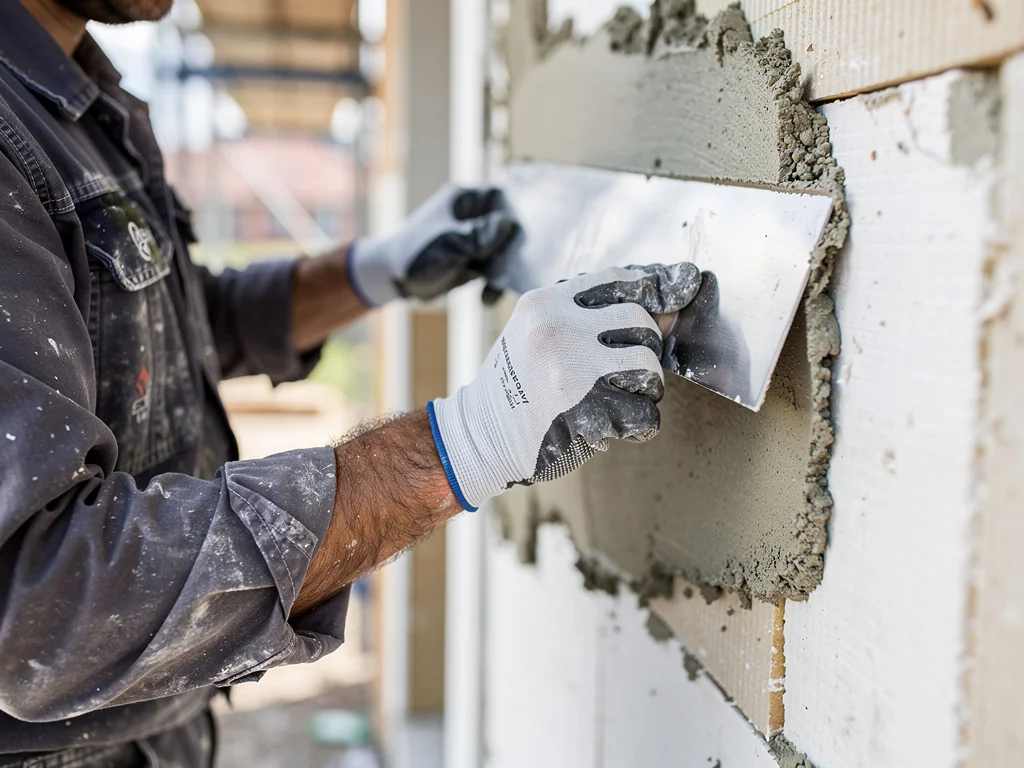 Artisan façadier appliquant l'enduit de finition à la taloche sur un mur isolé