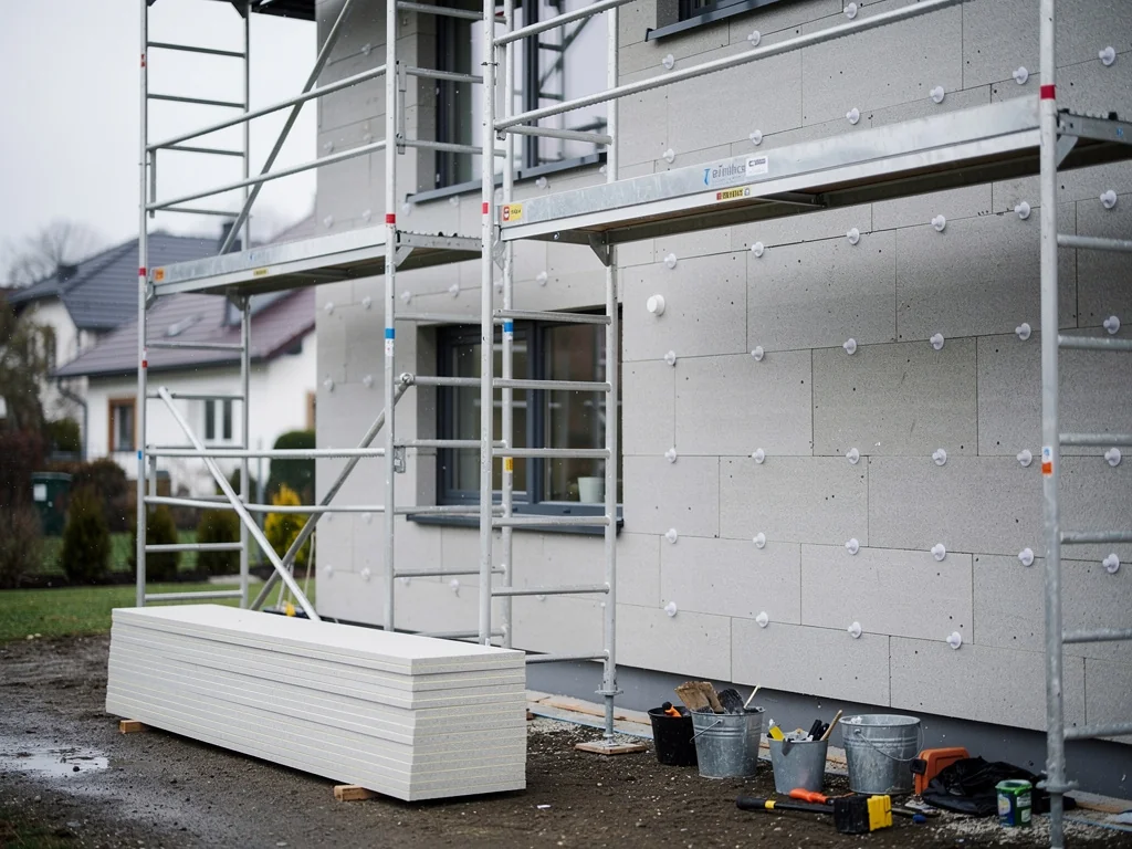 Panneaux isolants chevillés sur un mur, chantier d'ITE avec échafaudage
